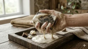 A person creating a rich, creamy lather using African black soap with shea for a gentle cleanse.