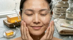 Water splashing on a face after using glycerin soap, showing a clean finish without oily residue.