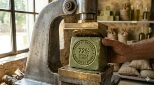 Close-up illustration of the "72% d'huile d'olive" stamp found on authentic Marseille soap from France.