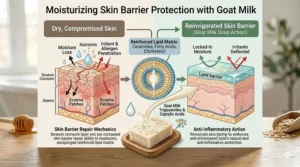 Illustration of the skin’s lipid barrier being reinforced by the fatty acids found in goat milk soap.