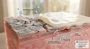 Graphic depicting goat milk soap lipids strengthening the skin's natural moisture barrier.