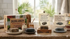 Authentic Dudu Osun soap kept on a wooden draining dish to prevent it from melting.