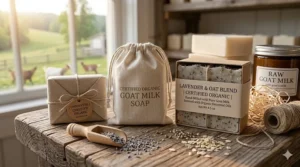 Plastic-free packaging for certified organic goat milk soap to highlight sustainability.