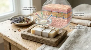 A diagram illustrating how the fatty acids in beef tallow soap mimic the human skin barrier for deep hydration.