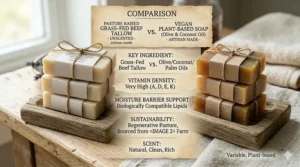 A comparison chart highlighting the vitamin density of grass-fed beef tallow bar soap versus synthetic or plant-based soaps.