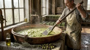Illustration of the traditional saponification process in a large cauldron used for making authentic Marseille soap.
