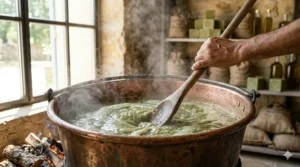 Illustration of the ancient Marseillais process of boiling soap in large open-air cauldrons.