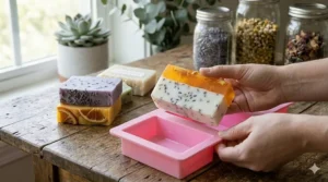 A hand carefully releases a solid, set layered soap bar with distinct opaque white Shea Butter and clear orange glycerin layers from a pink rectangular silicone mold cavity on a rustic wooden table.