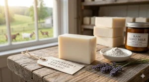 A pure, white bar of fragrance-free certified organic goat milk soap for sensitive users.