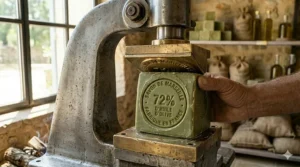 Vintage-style illustration of a classic French soap merchant in Marseille, emphasizing 17th-century origins.