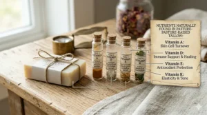 An infographic detailing the fat-soluble vitamins A, D, E, and K found naturally in grass-fed beef tallow soap.