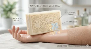 Icon-style illustration highlighting Vitamin A and Selenium found in goat milk soap for dry skin relief.