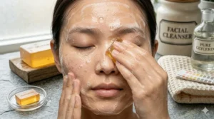 Close-up of a person lathering glycerin soap to remove excess sebum and oil from their forehead and nose.