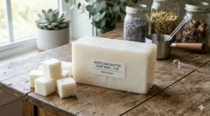 Blocks and pre-cut cubes of opaque white Shea Butter melt and pour soap base resting on a rustic wooden workshop table.