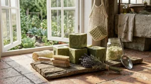 Eco-friendly lifestyle shot of olive oil Marseille soap without packaging to represent zero-waste living.