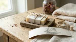 Illustration of plastic-free, biodegradable packaging for artisan grass-fed beef tallow bar soap.