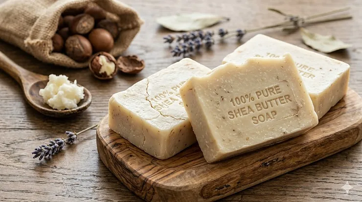 A stack of handcrafted 100 percent shea butter soap bars on a natural wooden dish, showcasing a creamy texture and organic finish.