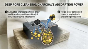 Illustration showing activated charcoal particles lifting dirt and excess oil from skin pores to prevent back acne.