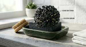 A detailed photorealistic diagram showing a magnified activated charcoal particle structure trapping yellow bacteria and green excess sebum droplets inside its pores.