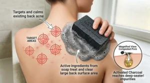 Illustration of a person using a charcoal tea tree soap bar on their back to target stubborn body acne.