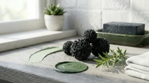 A photorealistic composite illustration focusing on raw ingredients including porous activated charcoal, bentonite and French green clay, and a fresh stem of tea tree (Melaleuca) on a wooden counter.