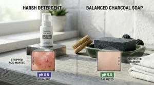 A photorealistic comparison illustration showing a harsh alkaline cleanser stripping the skin's barrier versus the balanced pH 5.5 of charcoal soap protecting the skin for oily and acne-prone types.