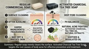 Comparison chart illustrating why charcoal tea tree soap is more effective for body acne than standard commercial soaps.