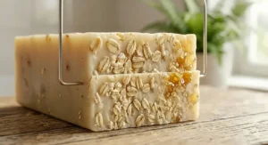 A detailed photograph of a large, freshly cut block of honey oatmeal soap being sliced by a wire soap cutter, revealing a dense inner matrix rich with real oat flakes and honey veins, emphasizing the pure, natural formulation.