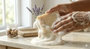 Close-up of the rich, creamy lather produced by a natural Ghana shea butter soap bar.