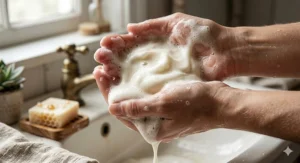 Close-up of rich, creamy white lather from a milk and honey soap bar on a person's hands.