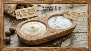 Visual depiction of the rich, creamy lather produced by a 100 percent shea butter soap bar.