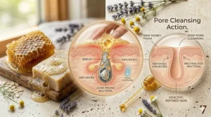 Illustration of honey soap lather lifting impurities and excess sebum out of clogged pores.