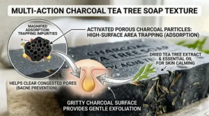 Close-up illustration of the gritty texture of charcoal soap providing gentle exfoliation for acne-prone skin.
