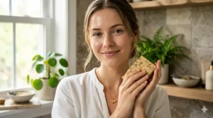 A person with glowing skin holding a bar of gentle milk and honey soap, highlighting its soothing properties.