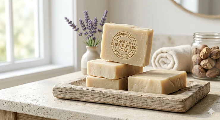 Three bars of authentic handmade Ghana shea butter soap stacked on a wooden dish with raw shea nuts.