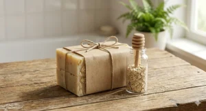 A detailed photograph of two artisan honey oatmeal soap bars wrapped together in eco-friendly brown paper, tied with twine, and sitting on a rustic wood surface next to a small vial of raw oats, presenting a curated natural skincare gift set.