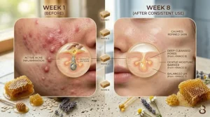 Split-screen illustration showing skin clearing progress after consistent use of raw honey soap for acne.