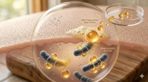 Illustration showing raw honey soap molecules neutralizing bacteria on the skin surface to prevent acne breakouts.