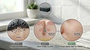 An infographic showing the three steps of charcoal soap use: foam adsorption of sebum, deep pore cleansing of impurities, and a post-wash matte finish with balanced moisture.