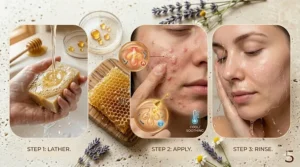 A three-step illustration showing a person lathering and applying raw honey soap to an acne-prone face.