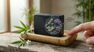 A photorealistic macro 4K visualization of the micro-pores on a bar of charcoal soap conceptually demonstrating its natural antibacterial and antifungal properties.