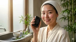 A detailed, photorealistic 4K illustration of a young Japanese woman holding a wet bar of bamboo charcoal soap, highlighting its effectiveness for oily and blemish-prone skin.