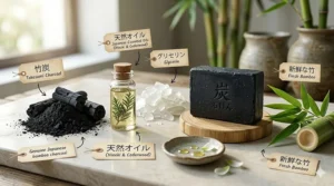 A detailed, photorealistic infographic displaying the raw ingredients of Japanese bamboo charcoal soap, including Takesumi charcoal, Hinoki essential oils, and fresh bamboo.