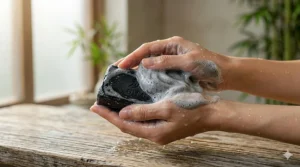 A detailed, photorealistic 4K illustration of hands generating a large, dense, creamy gray lather from a wet bar of Japanese bamboo charcoal soap.