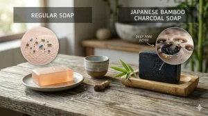A side-by-side comparison diagram showing the deep pore detoxing power of Japanese bamboo charcoal soap versus the surface cleaning of standard regular soap.