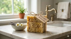 A stack of milk and honey soap bars wrapped in twine sitting on a marble bathroom vanity.