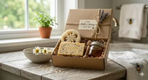 An eco-friendly gift box containing milk and honey soap, a natural loofah, and a small jar of honey.
