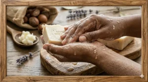 Graphic representation of the deep moisturizing skin benefits provided by 100 percent shea butter soap.