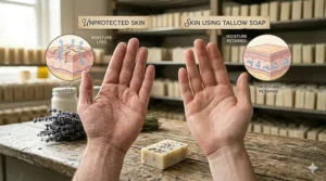 An illustration showing the moisturizing properties of tallow soap for sensitive or dry skin.