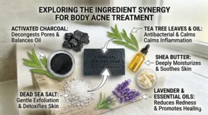 Flat-lay illustration of raw charcoal, tea tree leaves, and essential oils used in body acne soap formulations.